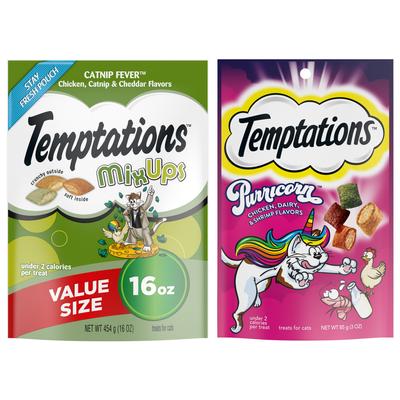 Show full view: Temptations MixUps Catnip Fever Flavor + Purricorn Chicken Dairy & Shrimp Flavors Cat Treats slide 1 of 9