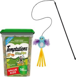 Temptations Mixups Catnip Fever Treats + Frisco Bird Teaser with Feathers Cat Toy, Blue