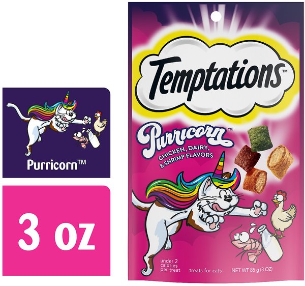 Temptations MixUps Purricorn Chicken Dairy & Shrimp Flavors Crunchy & Soft Cat Treats, 3-oz bag
