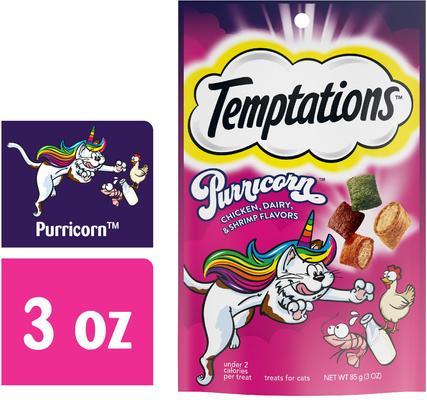 Show full view: Temptations MixUps Purricorn Chicken Dairy & Shrimp Flavors Crunchy & Soft Cat Treats, 3-oz bag, 36-oz bundle  slide 6 of 11