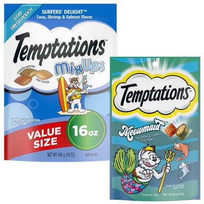 Show full view: Temptations MixUps Surfers' Delight Flavor + Meowmaid Salmon & Tuna Flavors Soft & Crunchy Cat Treats slide 1 of 9