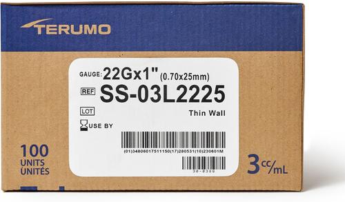 Show full view: Terumo Luerlock Syringes 22G, 1-inch, 3-cc, 100 syringes slide 3 of 5