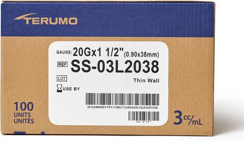 Show full view: Terumo Luerlock Syringes 20G, 1.5-inch, 3-cc, 100 syringes slide 3 of 7