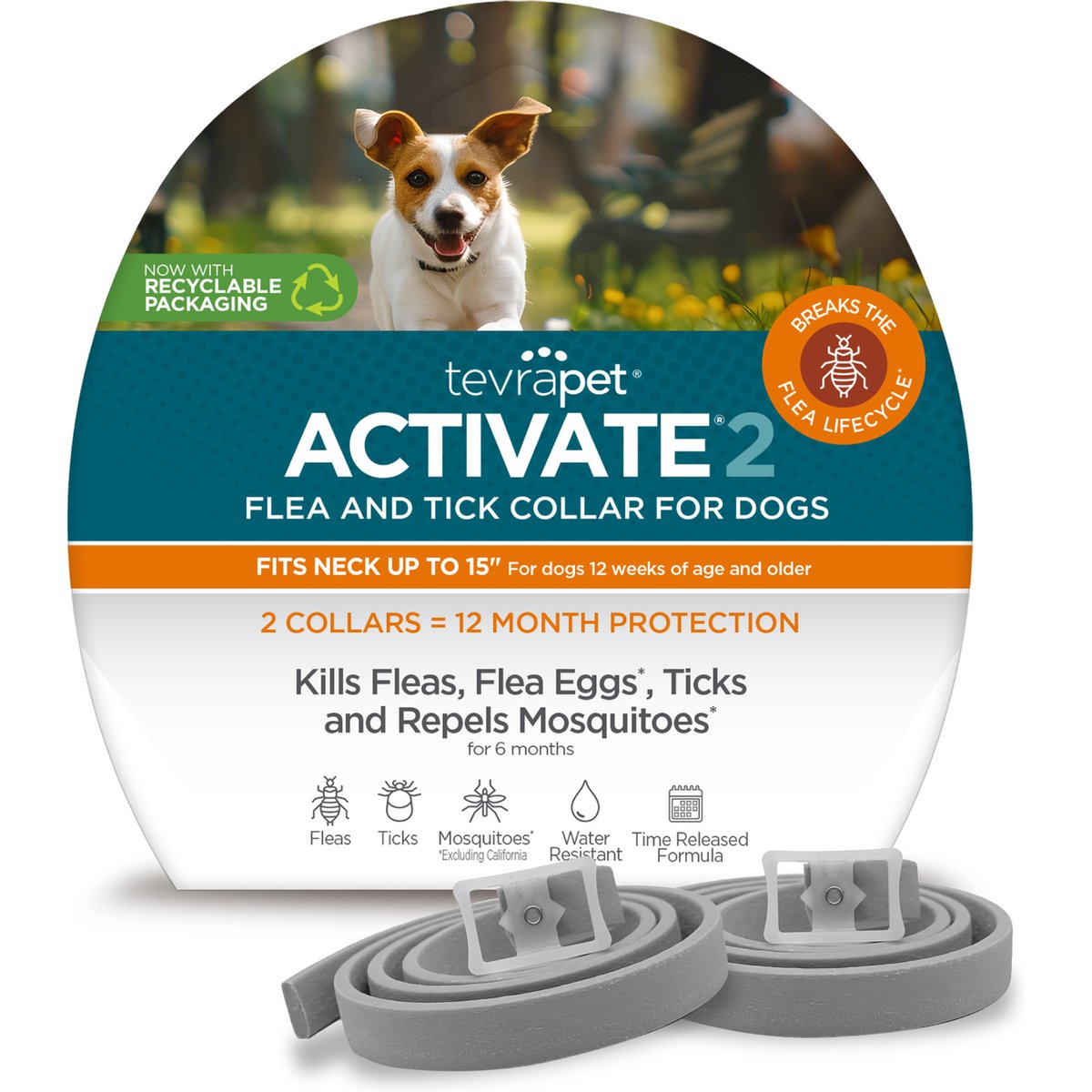 TevraPet Activate II Flea & Tick Collar for Small Dogs, 2 Collars (12-mos. supply)