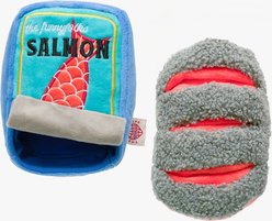 the furryfolks Tinned Salmon Nosework Crinkle Plush Dog Toy, Blue