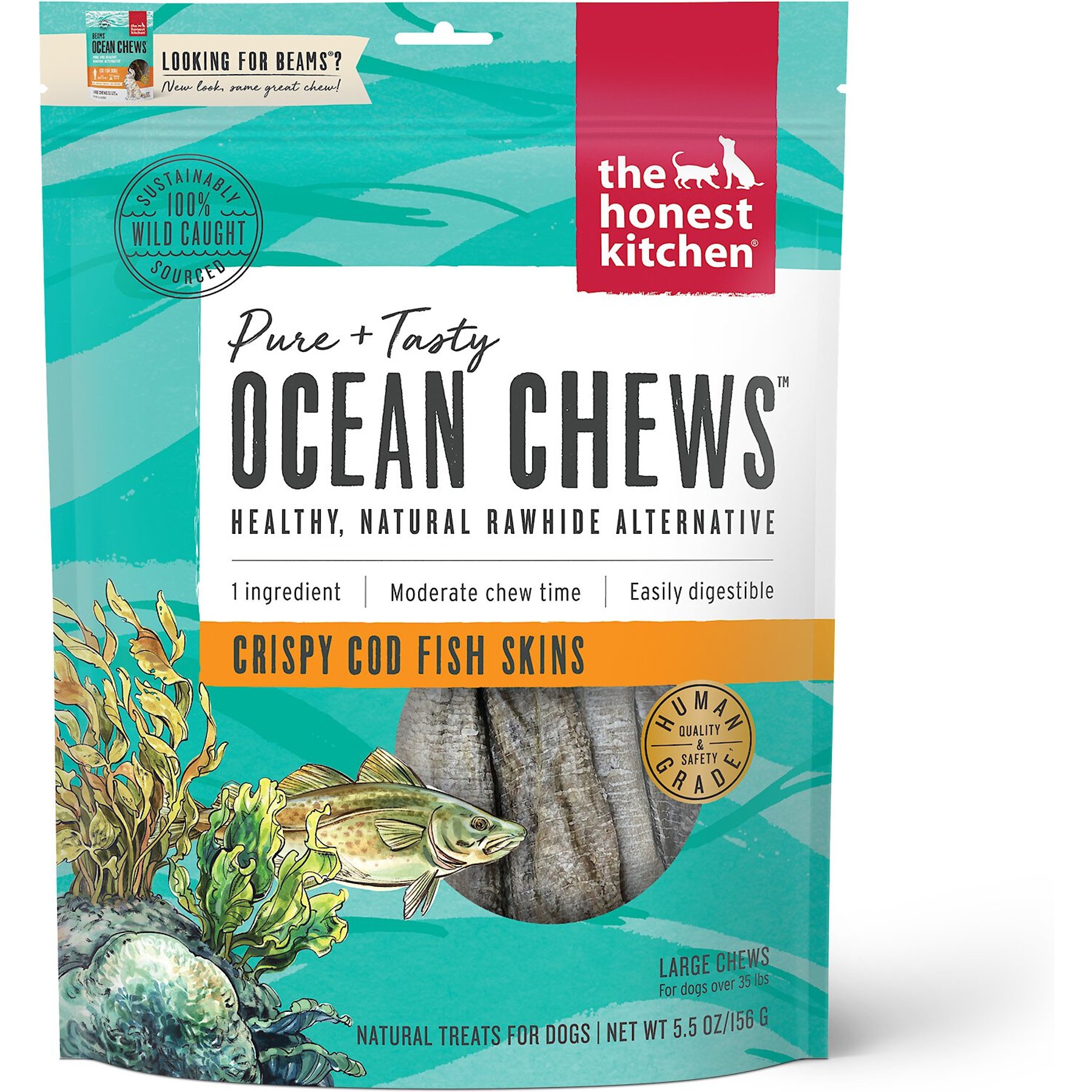 The Honest Kitchen Human Grade Beams Ocean Chews Cod Fish Skins Dehydrated Dog Treats, 11-oz bundle