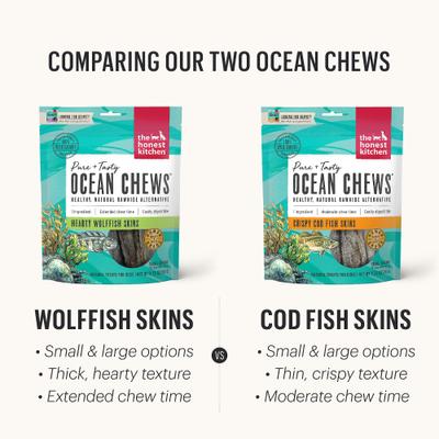 Show full view: The Honest Kitchen Human Grade Beams Ocean Chews Wolfish Skins Dehydrated Dog Treats, Small, 3.25-oz bag slide 4 of 12
