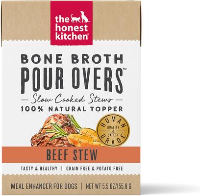 Show full view: The Honest Kitchen Bone Broth POUR OVERS Beef Stew + Bone Broth POUR OVERS Chicken Stew Wet Dog Food Topper slide 2 of 9