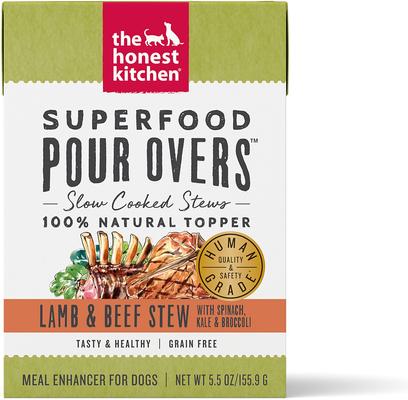 Show full view: The Honest Kitchen Bone Broth POUR OVERS Beef Stew + Superfood Lamb & Beef Stew with Veggies Wet Dog Food Topper slide 6 of 9