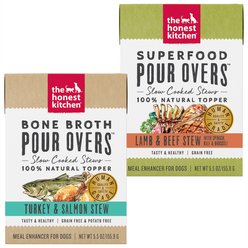The Honest Kitchen Bone Broth POUR OVERS Turkey & Salmon Stew + Superfood Lamb & Beef Stew with Veggies Wet Dog Food Topper