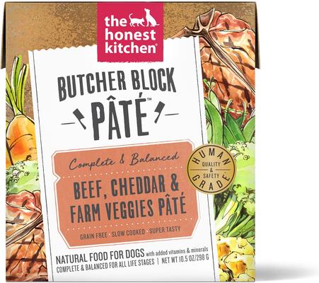 Show full view: The Honest Kitchen Butcher Block Pate Beef, Cheddar & Farm Veggies Pate Wet Dog Food, 10.5-oz box, bundle of 12  slide 3 of 11