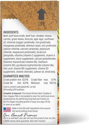 Show full view: The Honest Kitchen Butcher Block Pate Beef, Cheddar & Farm Veggies Pate Wet Dog Food, 10.5-oz box, bundle of 12  slide 5 of 11