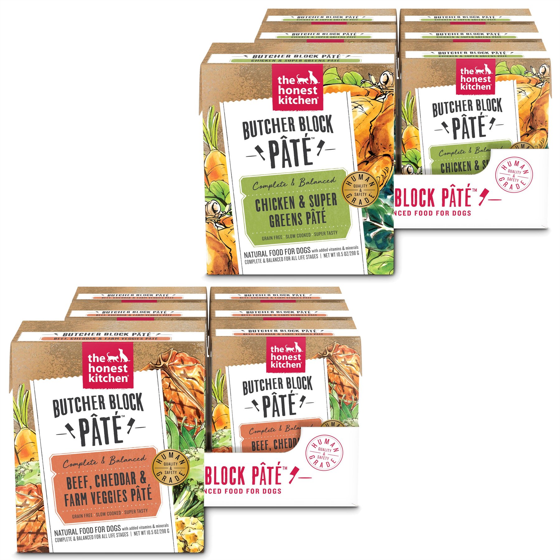 The Honest Kitchen Butcher Block Pate Chicken & Super Greens + Butcher Block Pate Beef, Cheddar & Farm Veggies Pate Wet Dog Food