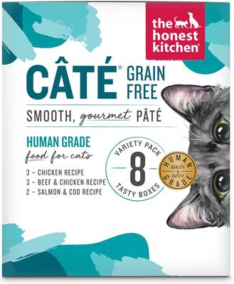 Show full view: The Honest Kitchen Human Grade Cate Chicken, Beef & Salmon Variety Pack Grain-Free Pate Wet Cat Food, 2.8-oz box, case of 8 slide 4 of 11