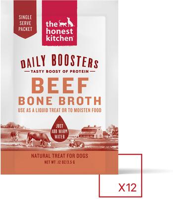 Show full view: The Honest Kitchen Daily Boosters Beef Bone Broth with Turmeric for Dogs, 0.12-oz, pack of 12 slide 3 of 12