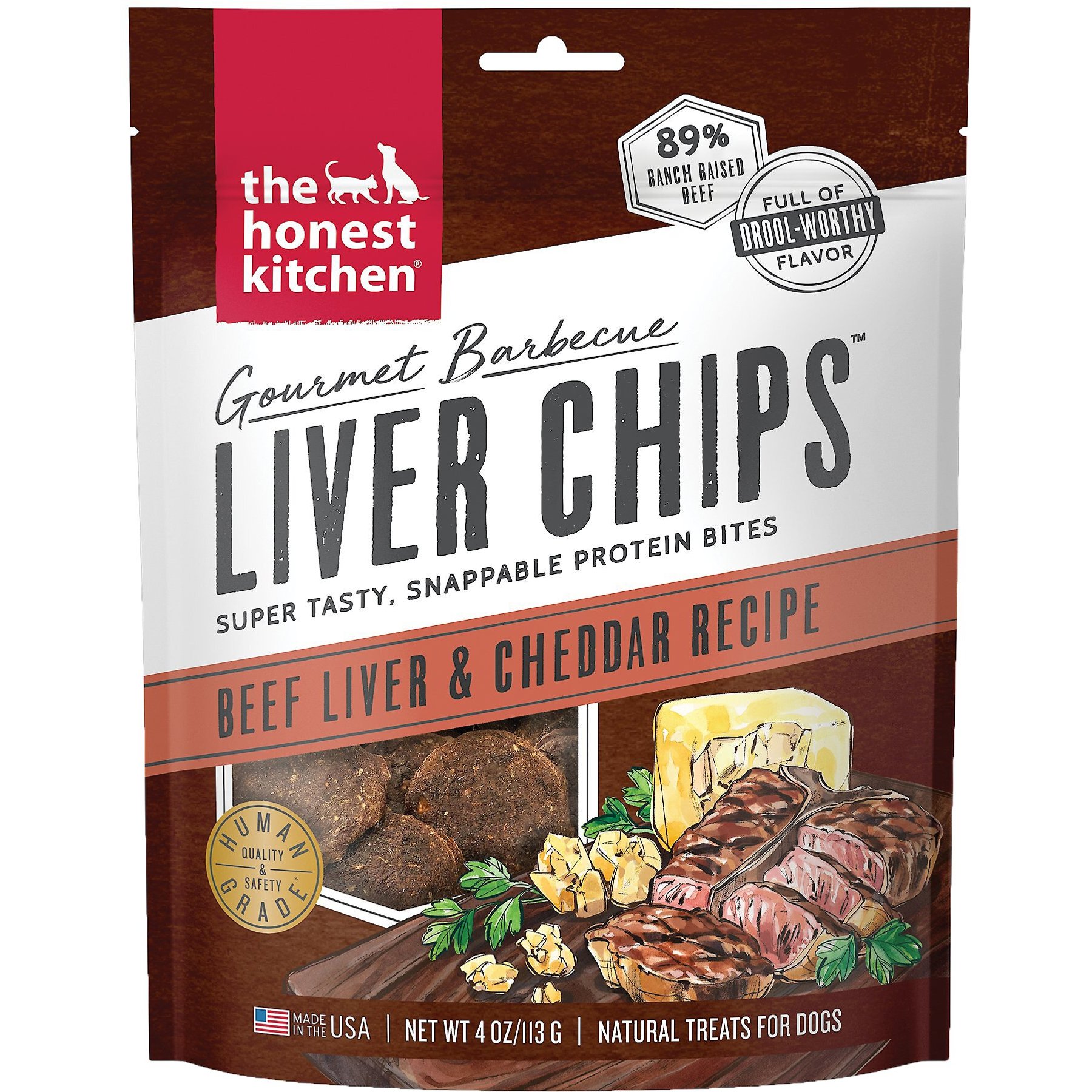 The Honest Kitchen Human Grade Gourmet Barbecue Liver Chips Beef Liver & Cheddar Recipe Dog Treats, 4-oz bag