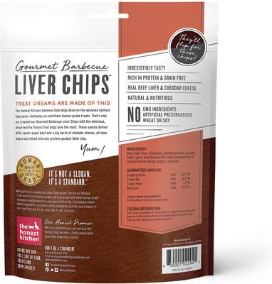 Show full view: The Honest Kitchen Human Grade Gourmet Barbecue Liver Chips Beef Liver & Cheddar Recipe Dog Treats, 4-oz bag slide 3 of 12