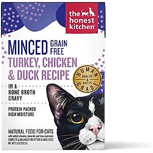 The Honest Kitchen Human Grade Grain-Free Minced Turkey, Chicken & Duck in Bone Broth Gravy Wet Cat Food, 5.5-oz, case of 12