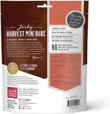 Show full view: The Honest Kitchen Human Grade Jerky Harvest Mini Bars Beef Recipe with Carrots & Apples Dog Treats, 4-oz bag slide 3 of 12