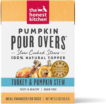 Show full view: The Honest Kitchen Pumpkin POUR OVERS Turkey & Pumpkin + Pumpkin POUR OVERS Salmon & Pumpkin Stew Wet Dog Food Topper slide 2 of 9