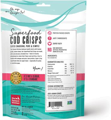 Show full view: The Honest Kitchen Human Grade Superfood Cod Crisps Cod & Strawberry Dehydrated Dog Treats, 3-oz bag slide 3 of 11