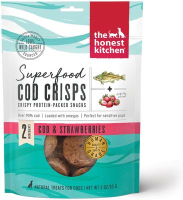 Show full view: The Honest Kitchen Superfood Cod Crisps Cod & Strawberry + Superfood Cod Crisps Cod & Blueberry Dehydrated Dog Treats slide 2 of 9