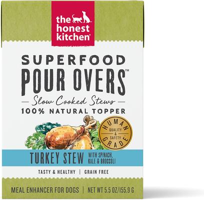 Show full view: The Honest Kitchen Superfood POUR OVERS Turkey Stew with Veggies + Superfood POUR OVERS Chicken Stew with Veggies Wet Dog Food Topper slide 2 of 9