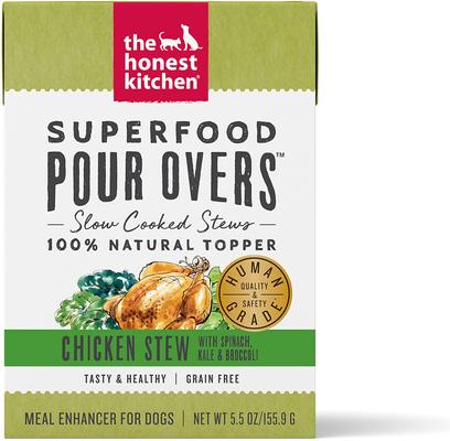Show full view: The Honest Kitchen Superfood POUR OVERS Turkey Stew with Veggies + Superfood POUR OVERS Chicken Stew with Veggies Wet Dog Food Topper slide 6 of 9