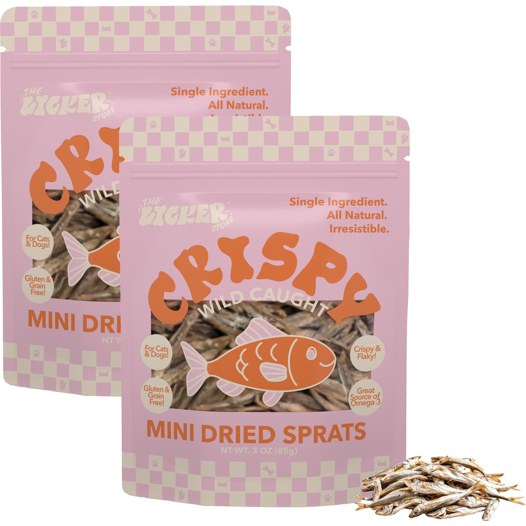 THE LICKER STORE Grain-Free Omega-3 Single Ingredient Crunchy Dried Baltic Sprats Gluten-Free Seafood Dehydrated Dog & Cat Treats, 3-oz bag, pack of 2