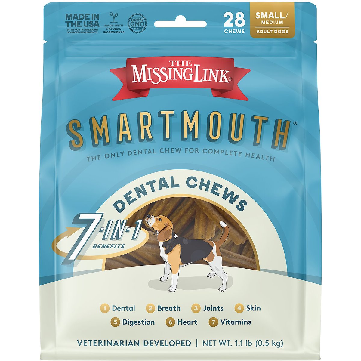 The Missing Link Smartmouth 7-in-1 Dental Chews for Small & Medium Dogs, 15 to 50-lbs, 28 count