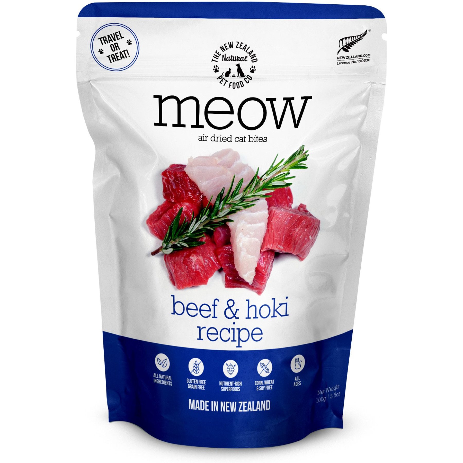 The New Zealand Natural Pet Food Co. Meow Beef & Hoki Air Dried Cat Food, 3.5-oz bag
