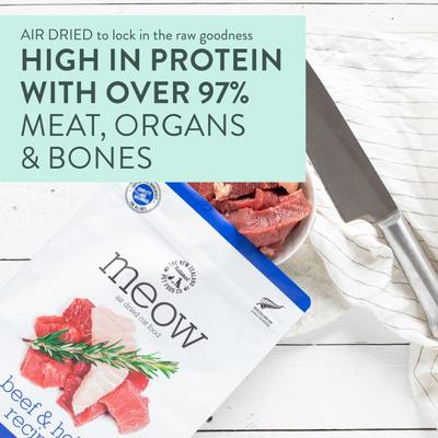 Show full view: The New Zealand Natural Pet Food Co. Meow Beef & Hoki Air Dried Cat Food, 3.5-oz bag slide 6 of 10