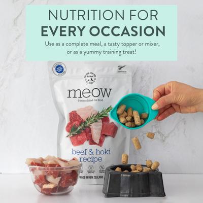 Show full view: The New Zealand Natural Pet Food Co. Meow Beef & Hoki Grain-Free Freeze-Dried Cat Food, 9.9-oz bag slide 4 of 10