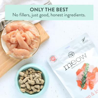 Show full view: The New Zealand Natural Pet Food Co. Meow Chicken​ & King Salmon Grain-Free Freeze-Dried Cat Food, 9.9-oz bag slide 8 of 10