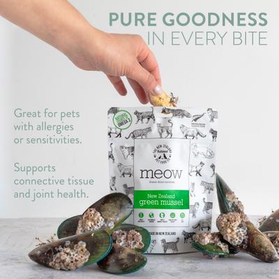 Show full view: The New Zealand Natural Pet Food Co. Meow Green Lipped Mussels Freeze-Dried Cat Treat, 1.76-oz bag slide 4 of 9