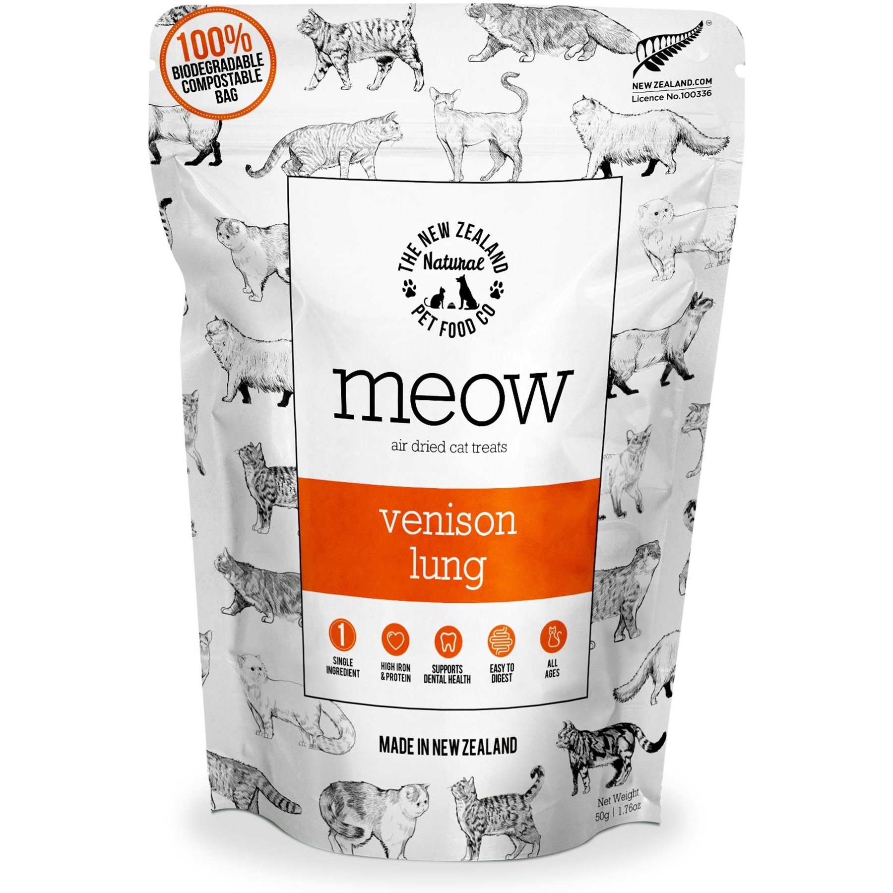 The New Zealand Natural Pet Food Co. Meow Venison Lung Air Dried Cat Treat, 1.76-oz bag