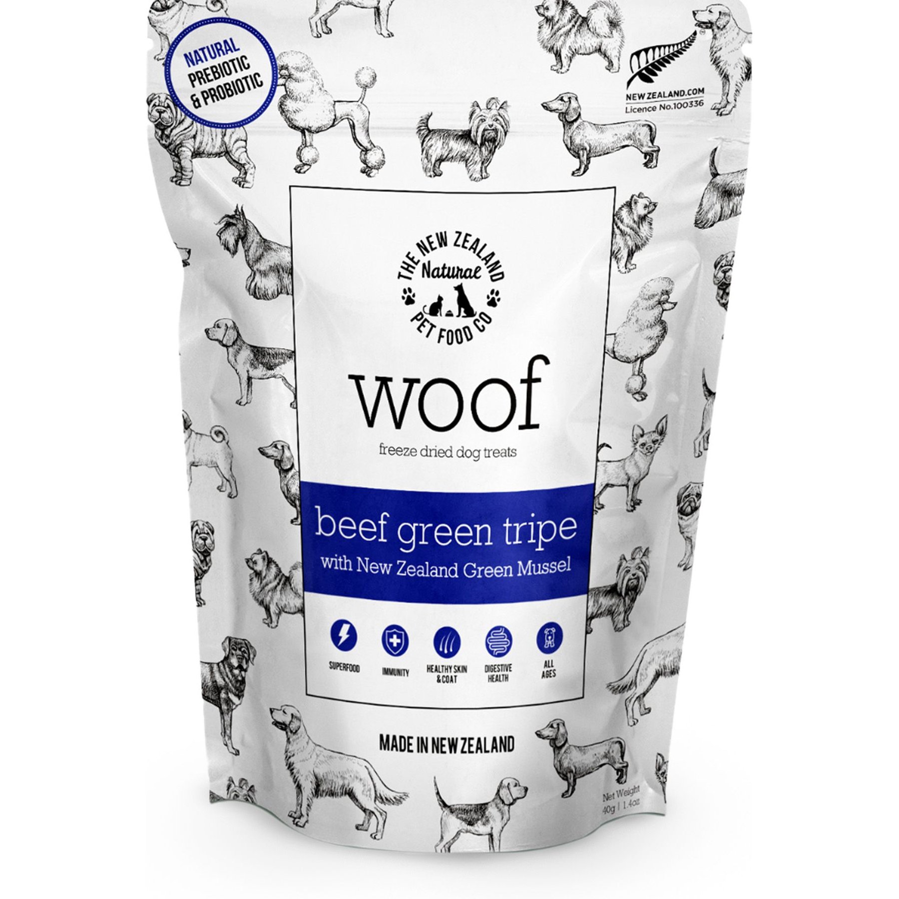 The New Zealand Natural Pet Food Co. Woof Beef Green Tripe Grain-Free Freeze-Dried Dog Treats, 1.4-oz bag