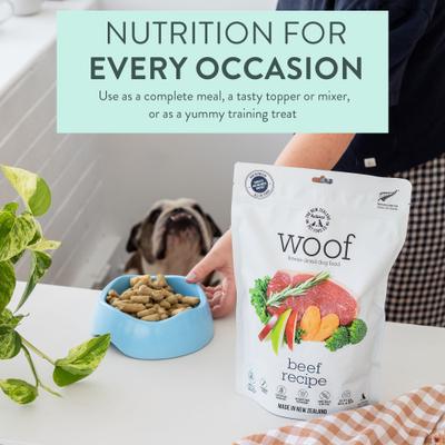 Show full view: The New Zealand Natural Pet Food Co. Woof Beef Recipe Grain-Free Freeze-Dried Dog Food, 9-oz bag slide 4 of 9
