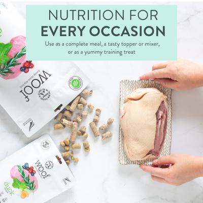 Show full view: The New Zealand Natural Pet Food Co. Woof Duck Recipe Grain-Free Freeze-Dried Dog Food, 35-oz bag slide 4 of 9