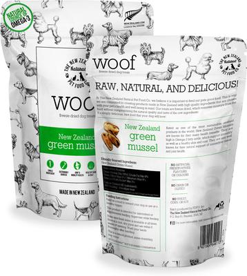 Show full view: The New Zealand Natural Pet Food Co. Woof Green Lipped Mussels Freeze-Dried Dog Treats, 1.76-oz bag slide 3 of 9