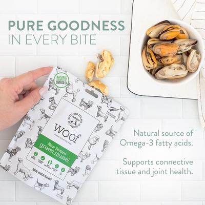Show full view: The New Zealand Natural Pet Food Co. Woof Green Lipped Mussels Freeze-Dried Dog Treats, 1.76-oz bag slide 4 of 9