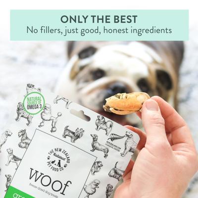 Show full view: The New Zealand Natural Pet Food Co. Woof Green Lipped Mussels Freeze-Dried Dog Treats, 1.76-oz bag slide 6 of 9