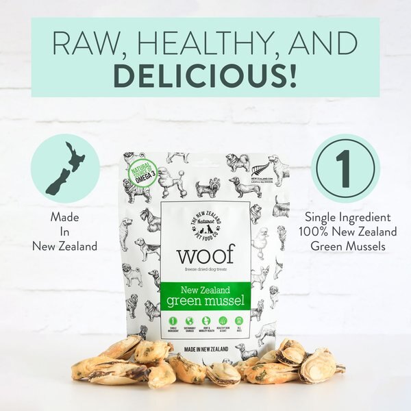 The New Zealand Natural Pet Food Co. Woof Green Lipped Mussels Freeze-Dried Dog Treats, 1.76-oz bag