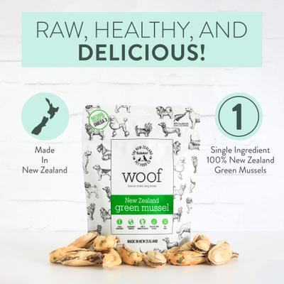 Show full view: The New Zealand Natural Pet Food Co. Woof Green Lipped Mussels Freeze-Dried Dog Treats, 1.76-oz bag slide 7 of 9