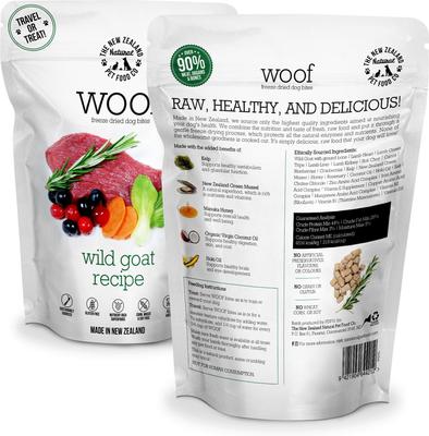 Show full view: The New Zealand Natural Pet Food Co. Woof Travel Treat Wild Goat Grain-Free Freeze-Dried Dog Treats, 1.76-oz bag slide 3 of 9