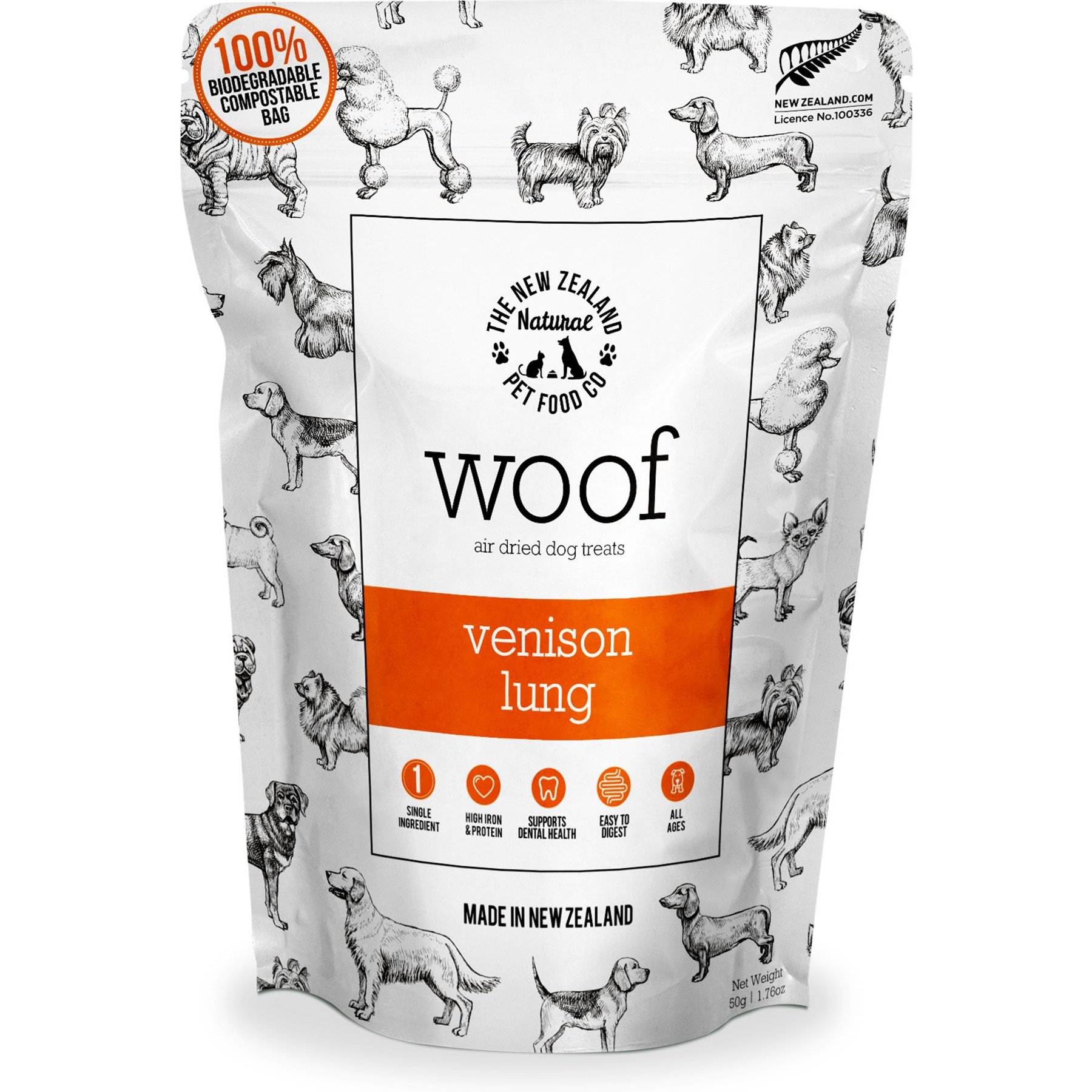 The New Zealand Natural Pet Food Co. Woof Venison Lung Air Dried Dog Treat, 1.76-oz bag