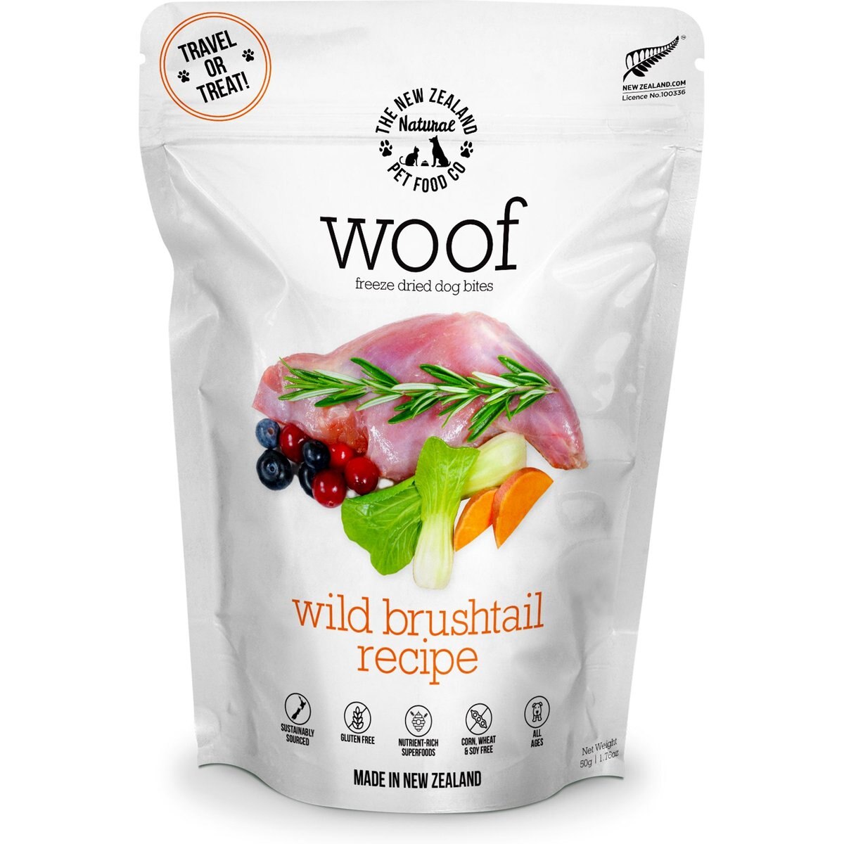 The New Zealand Natural Pet Food Co. Woof Wild Brushtail Recipe Grain-Free Freeze-Dried Dog Treats, 1.76-oz bag