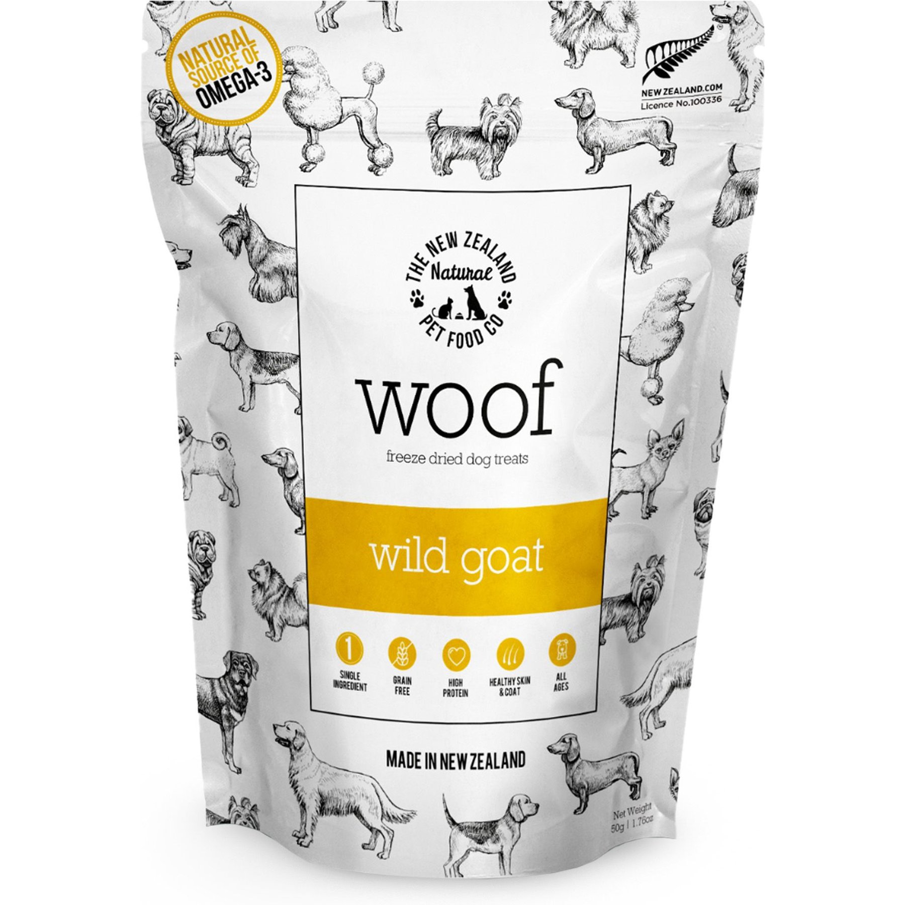 The New Zealand Natural Pet Food Co. Woof Wild Goat Grain-Free Freeze-Dried Dog Treats, 1.76-oz bag