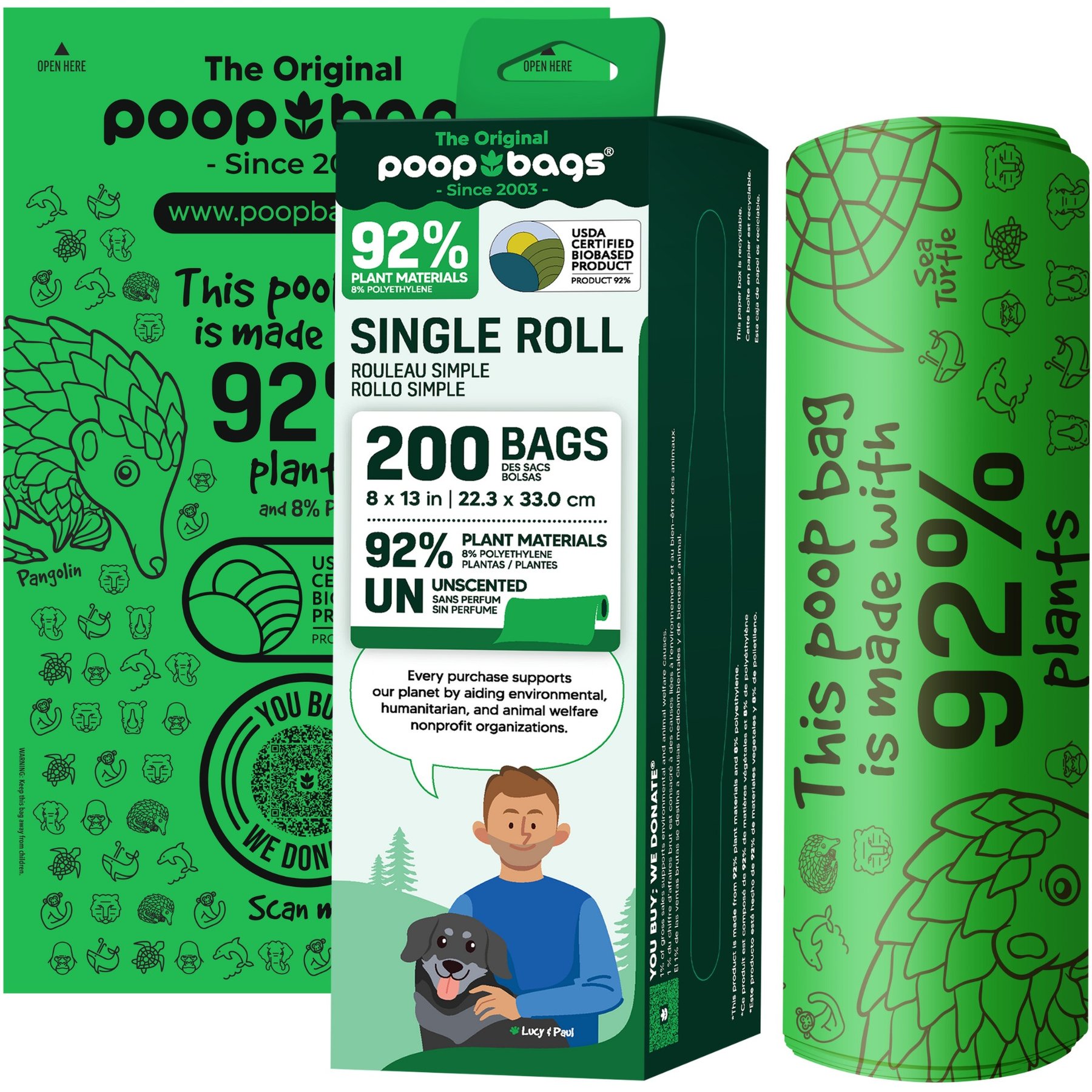 The Original Poop Bags 92% Plant-Based Dog Poop Bags, Single Bulk Roll, 200 count