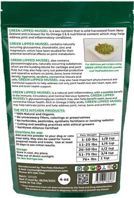 Show full view: The Petz Kitchen Green Lipped Mussel Omega 3 & 6 Joint & Inflammation Support Dog & Cat Supplement, 4-oz jar slide 3 of 5